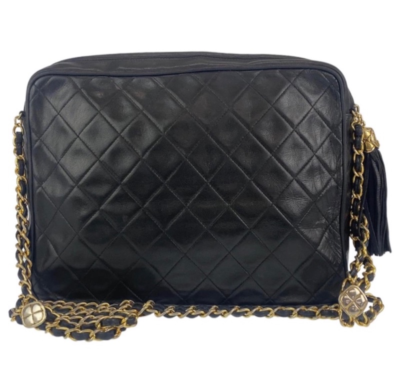 CHANEL 經典菱格「雙鍊」小金扣黑色流蘇相機包稀有款式 ｜附前翻口袋｜黑色小羊皮｜老香金釦｜正品-2