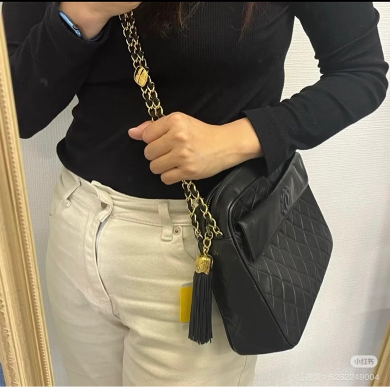 CHANEL 經典菱格「雙鍊」小金扣黑色流蘇相機包稀有款式 ｜附前翻口袋｜黑色小羊皮｜老香金釦｜正品-4