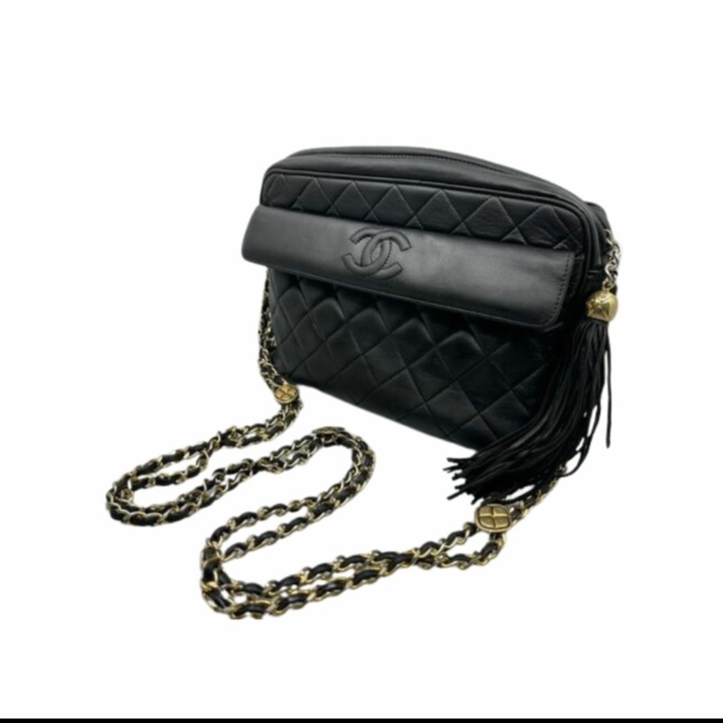 CHANEL 經典菱格「雙鍊」小金扣黑色流蘇相機包稀有款式 ｜附前翻口袋｜黑色小羊皮｜老香金釦｜正品-7