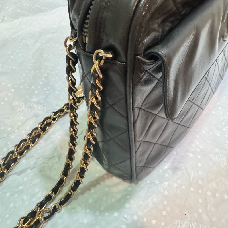CHANEL 經典菱格「雙鍊」小金扣黑色流蘇相機包稀有款式 |附前翻口袋|黑色小羊皮|老香金釦|正品-9