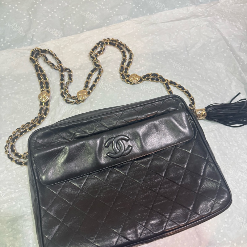CHANEL 經典菱格「雙鍊」小金扣黑色流蘇相機包稀有款式 |附前翻口袋|黑色小羊皮|老香金釦|正品-10