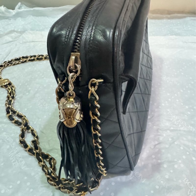CHANEL 經典菱格「雙鍊」小金扣黑色流蘇相機包稀有款式 |附前翻口袋|黑色小羊皮|老香金釦|正品-15