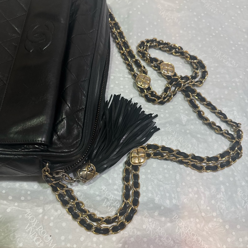 CHANEL 經典菱格「雙鍊」小金扣黑色流蘇相機包稀有款式 |附前翻口袋|黑色小羊皮|老香金釦|正品-25