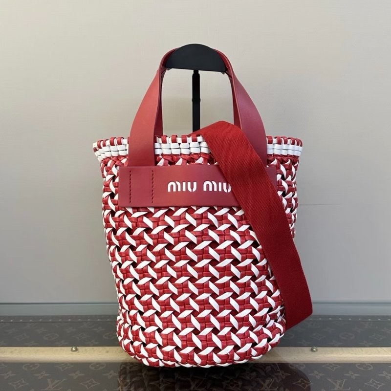 MIUMIU 紅白拼色全皮編織圓筒菜籃子包24*20*15 98新配件塵袋-0