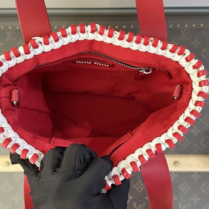 MIUMIU 紅白拼色全皮編織圓筒菜籃子包24*20*15 98新配件塵袋-3