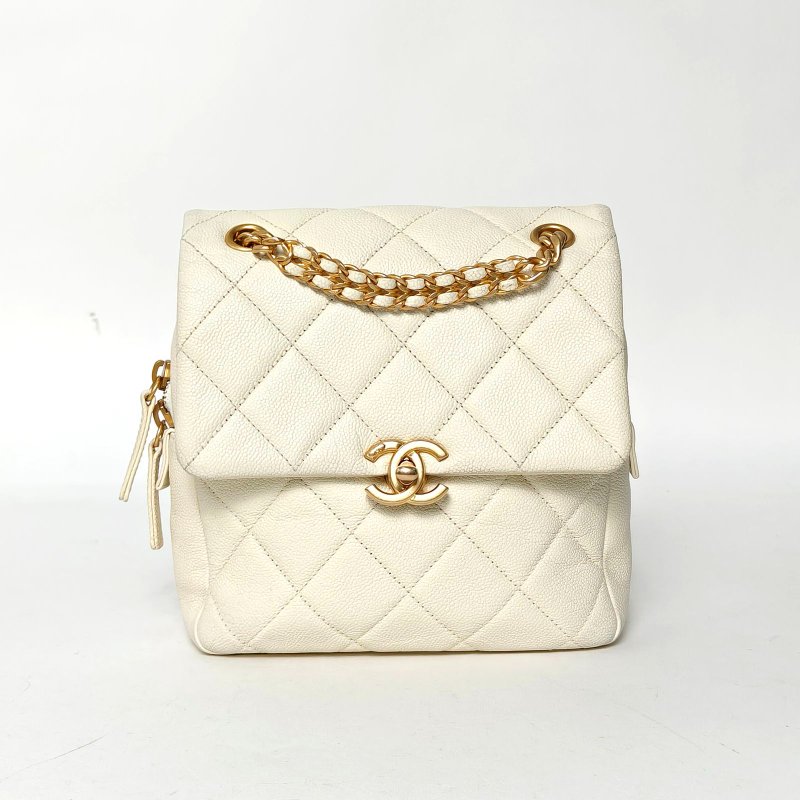 CHANEL 23PAdo雙肩包20白色荔枝牛皮晶片開金扣雙C結雙皮穿鏈肩背包-0
