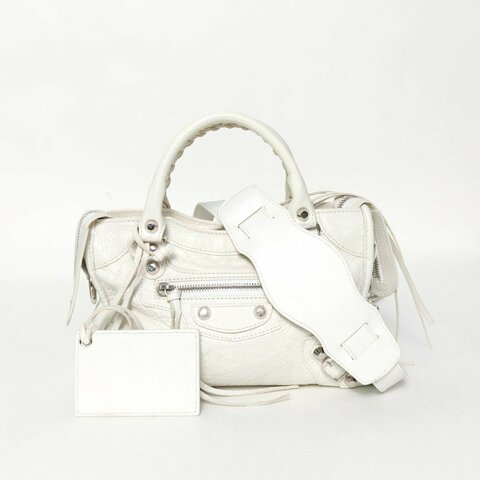 BALENCIAGA CityMini24機車包白色羊皮銀扣肩背包