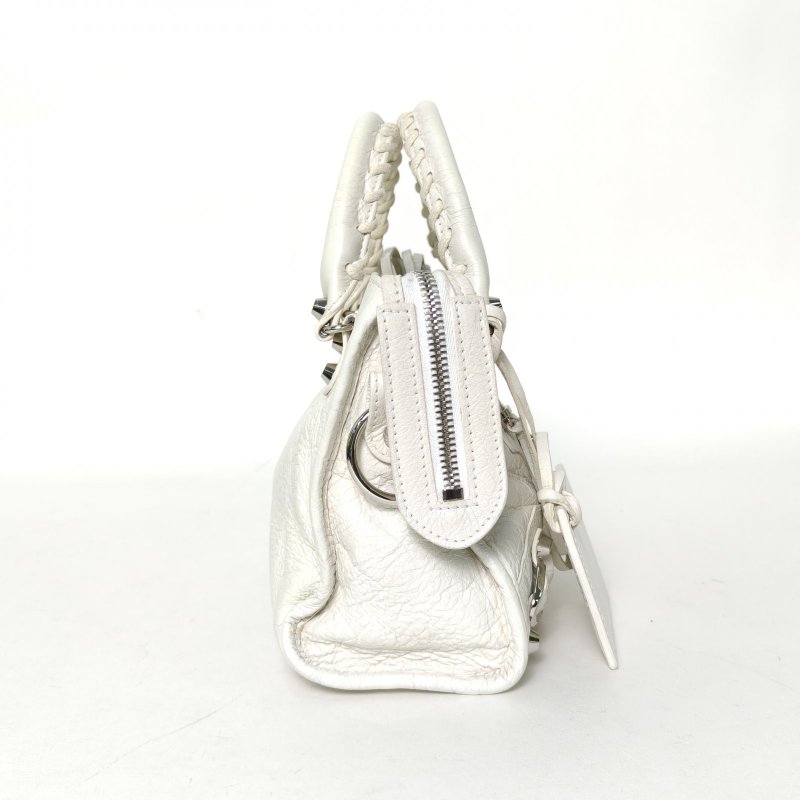 BALENCIAGA CityMini24機車包白色羊皮銀扣肩背包-1