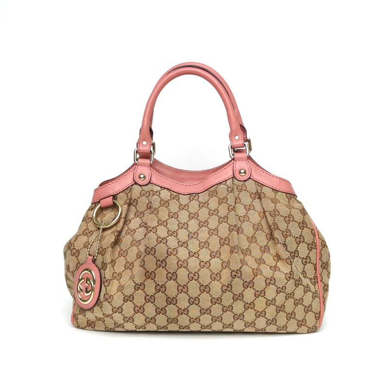 GUCCI 拼色帆布淺金扣SukeyLogo吊墜手提單肩包肩背包-0
