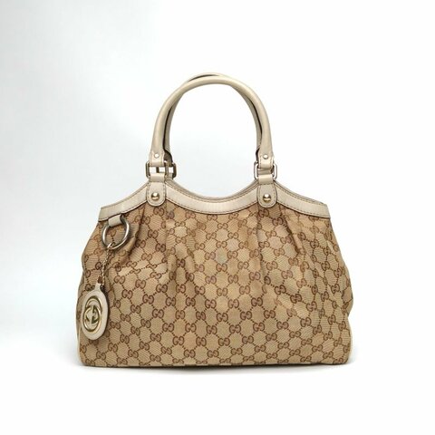 GUCCI 老花帆布淺金扣SukeyLogo吊墜手提單肩包肩背包