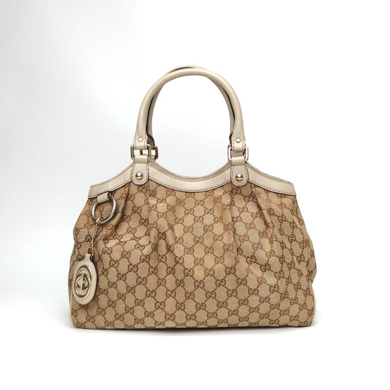 GUCCI 老花帆布淺金扣SukeyLogo吊墜手提單肩包肩背包-0