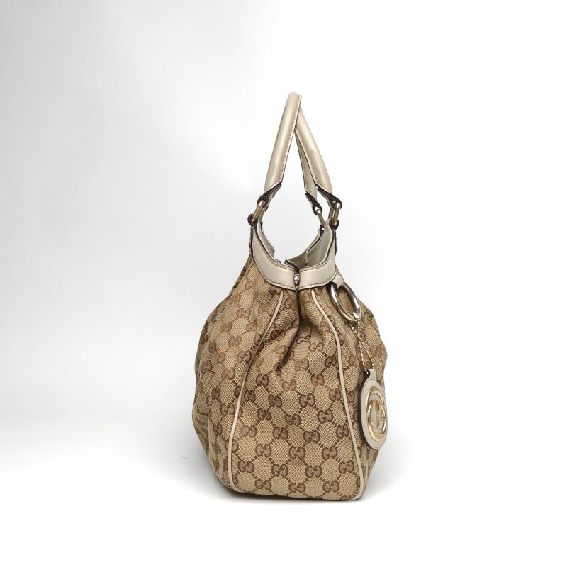 GUCCI 老花帆布淺金扣SukeyLogo吊墜手提單肩包肩背包-3