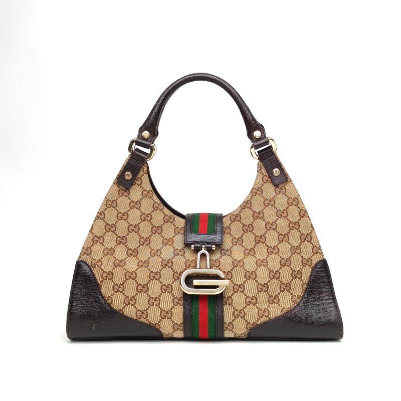 GUCCI 烏木色牛皮帆布淺金扣中古Jackie腋下包手提包/肩背包-0