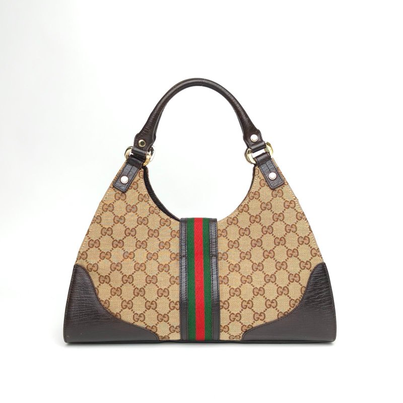 GUCCI 烏木色牛皮帆布淺金扣中古Jackie腋下包手提包/肩背包-2