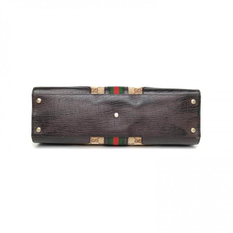 GUCCI 烏木色牛皮帆布淺金扣中古Jackie腋下包手提包/肩背包-4