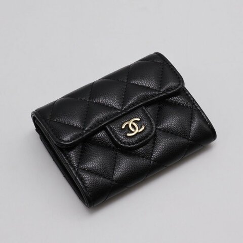 CHANEL 經典粒面牛皮雙層口蓋卡包 - 黑金