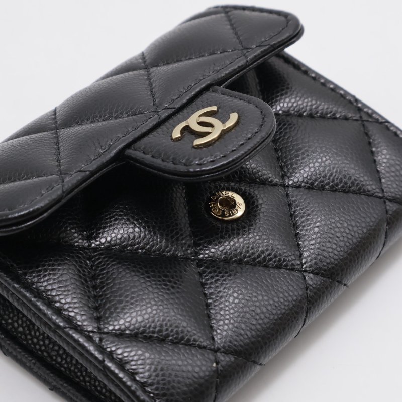 CHANEL 經典粒面牛皮雙層口蓋卡包 - 黑金-3