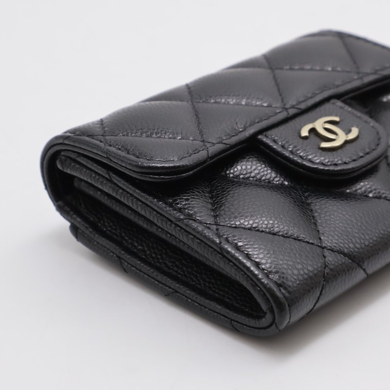 CHANEL 經典粒面牛皮雙層口蓋卡包 - 黑金-4