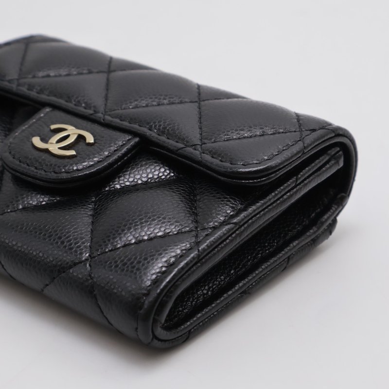 CHANEL 經典粒面牛皮雙層口蓋卡包 - 黑金-5