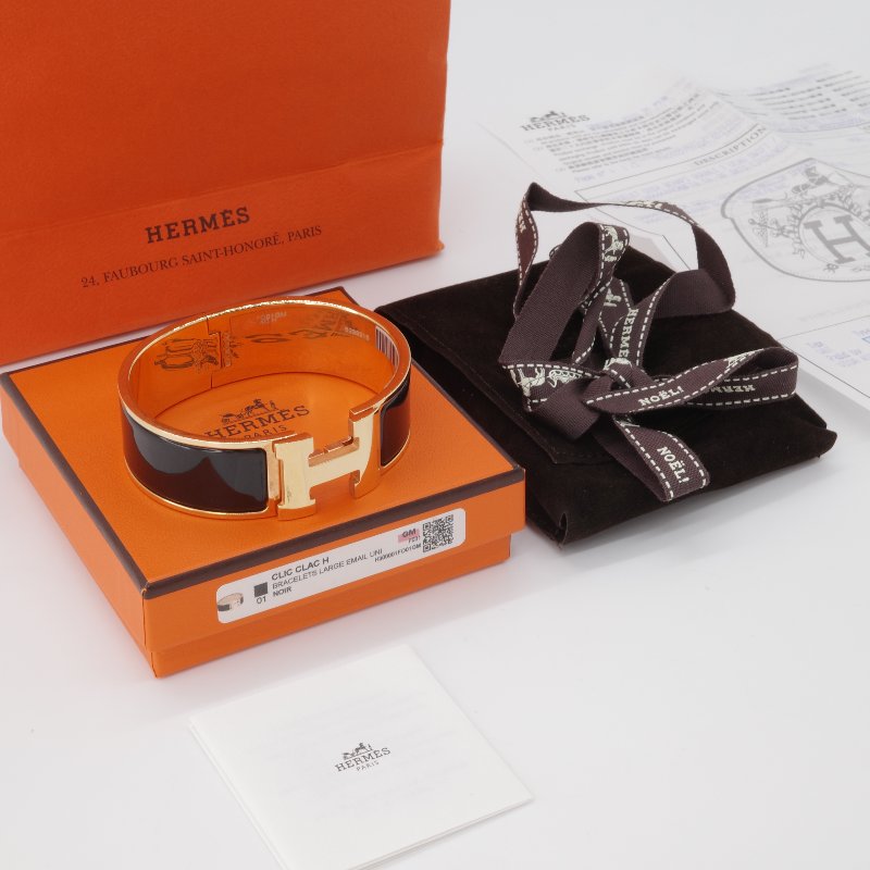 Hermès 愛馬仕 Clic Clac H 寬版 黑色琺瑯 金色 金屬 手環 手鐲-0