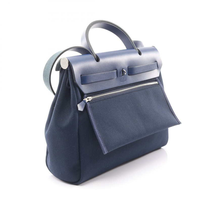 愛馬仕 Herbag Zip PM Le Tourne 單肩手提包，帆布皮革，海軍藍，二手 Z-1