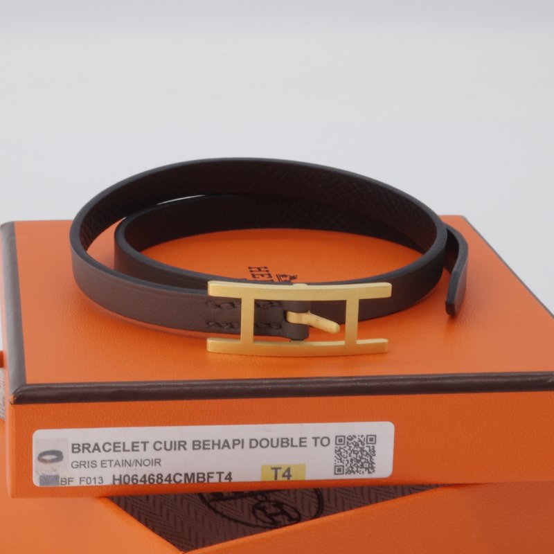 Hermès 愛馬仕 Behapi Double Tour 錫器灰 小牛皮 雙圈手環|專櫃 16,500-0