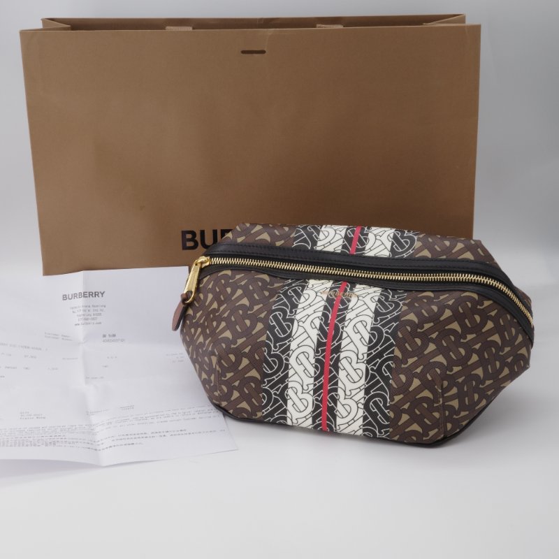 Burberry 巴寶莉 TB Monogram 條紋 棕色 帆布 中型 胸肩背包 腰包-0