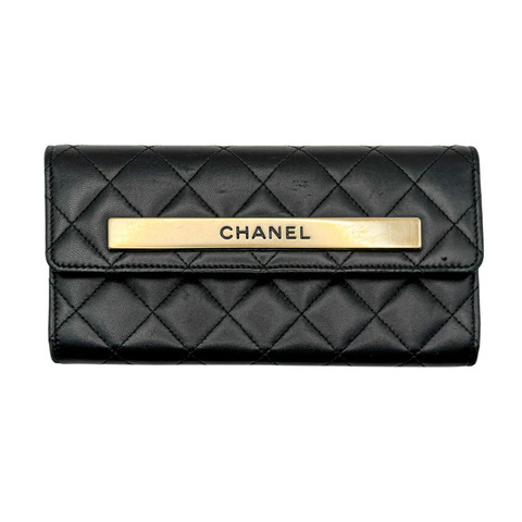 黑色 菱格紋牛皮 金扣 Logo Plate Matelasse 扣式長夾 A80981【CHANEL 香奈兒】 A80981