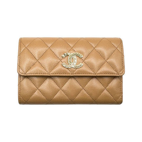 卡其色 荔枝紋 牛皮 金扣 三折中夾【CHANEL 香奈兒】 AP3051