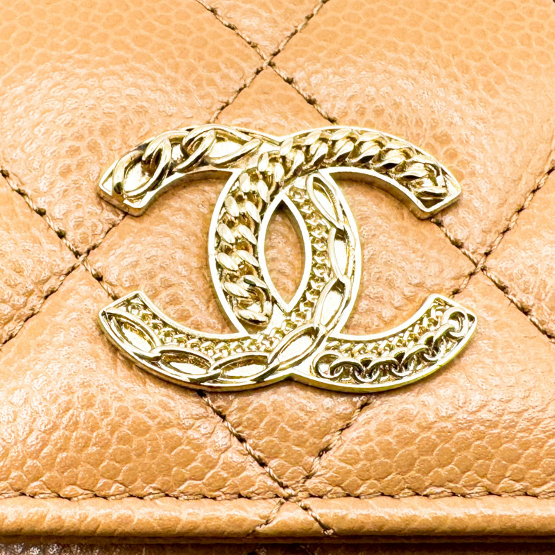 卡其色 荔枝紋 牛皮 金扣 三折中夾【CHANEL 香奈兒】 AP3051-9