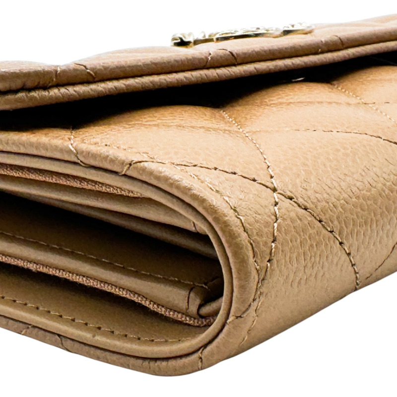 卡其色 荔枝紋 牛皮 金扣 三折中夾【CHANEL 香奈兒】 AP3051-10