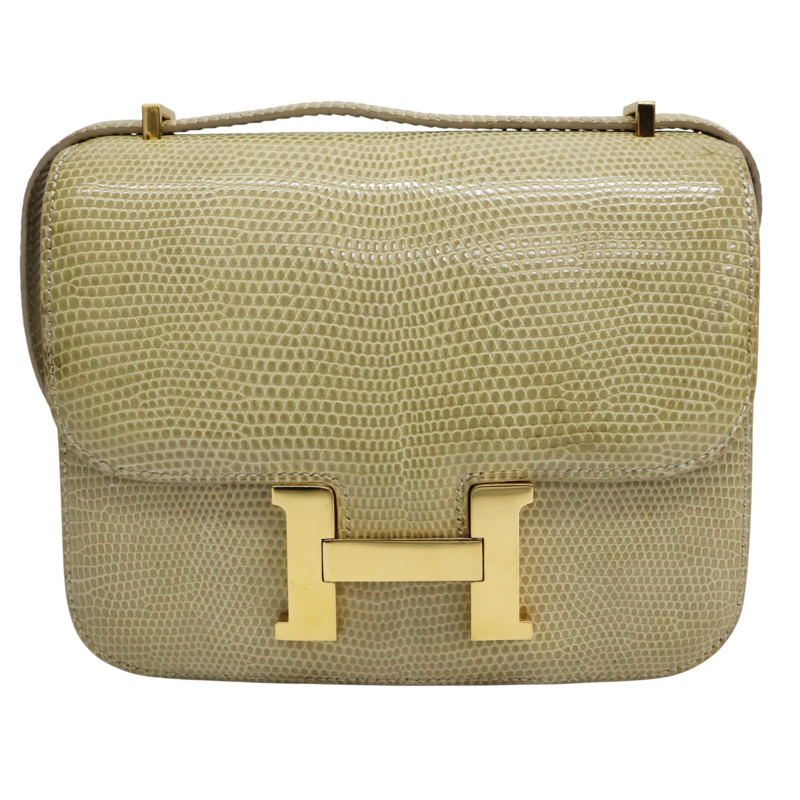 黃色 蜥蜴皮 Constance 18 肩背包 金釦 ○W刻 (附皮証/変色)【HERMES 愛馬仕】-0