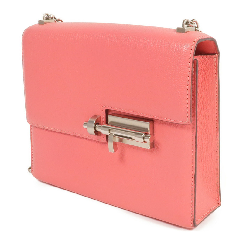 HERMES Chevre皮革Verrou Mini銀扣鏈帶肩背袋Rose Lipstick-1