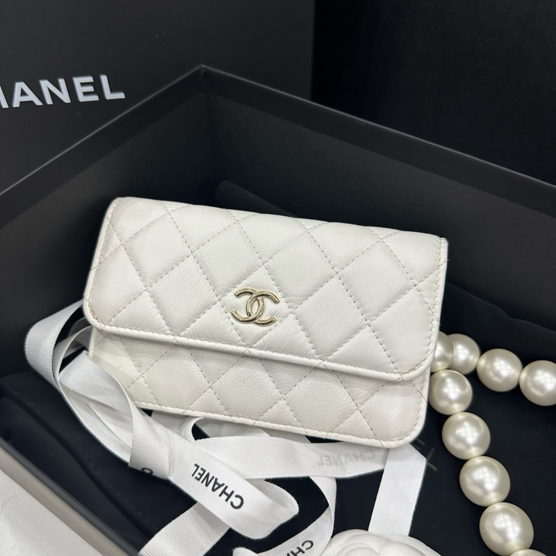 99新 Chanel 白色大珍珠斜挎鏈條包 woc 沙僧包 卡位多 絕版美物-1