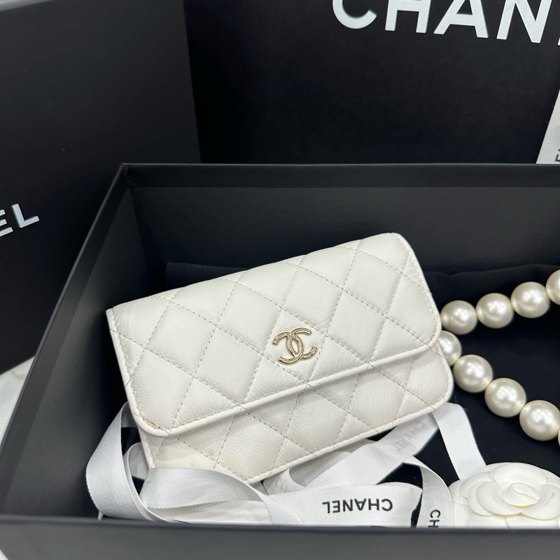 99新 Chanel 白色大珍珠斜挎鏈條包 woc 沙僧包 卡位多 絕版美物-2
