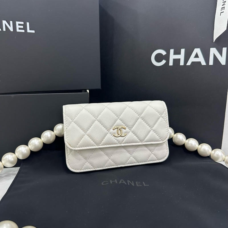 99新 Chanel 白色大珍珠斜挎鏈條包 woc 沙僧包 卡位多 絕版美物-4