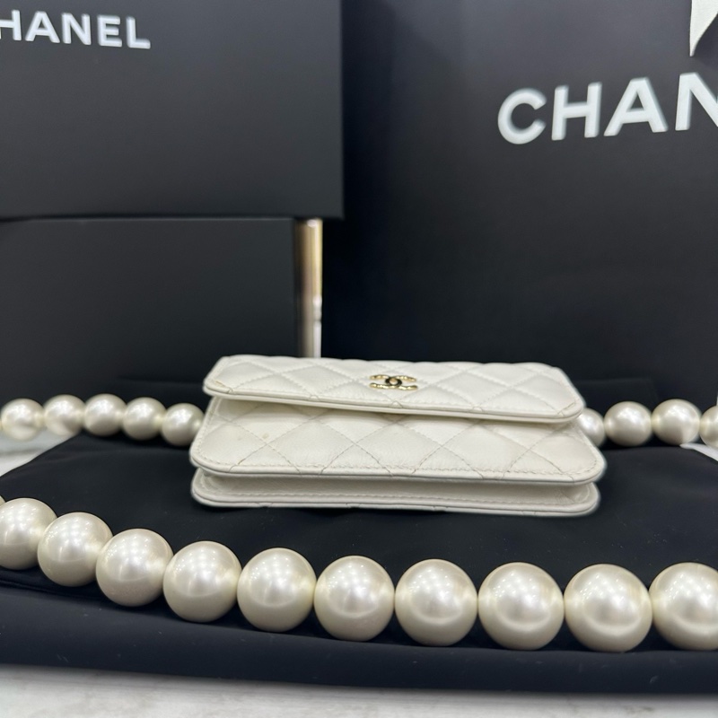 99新 Chanel 白色大珍珠斜挎鏈條包 woc 沙僧包 卡位多 絕版美物-5