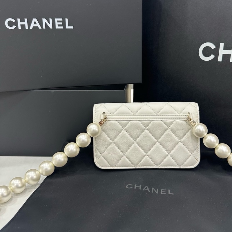 99新 Chanel 白色大珍珠斜挎鏈條包 woc 沙僧包 卡位多 絕版美物-7