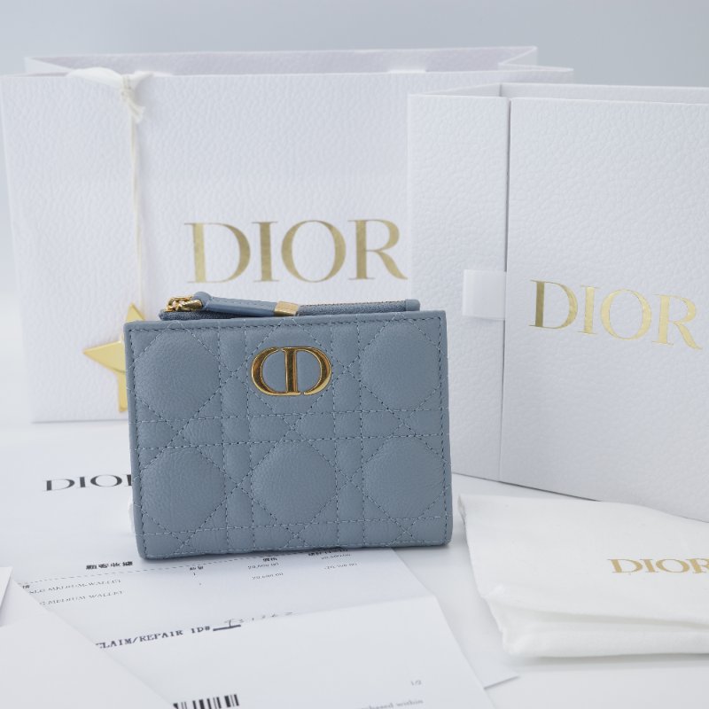 🈶️紙袋購證紙盒｜Dior 迪奧 Caro Dahlia 藤格紋 霧霾藍 灰藍色 小牛皮 兩折短夾 兩折錢包-0