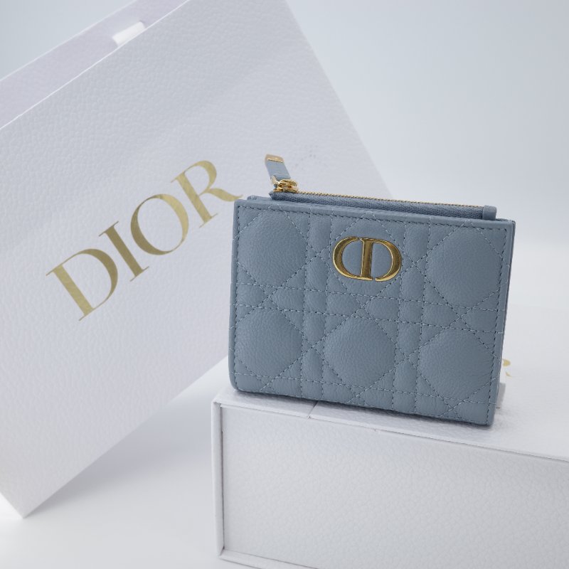 🈶️紙袋購證紙盒｜Dior 迪奧 Caro Dahlia 藤格紋 霧霾藍 灰藍色 小牛皮 兩折短夾 兩折錢包-1