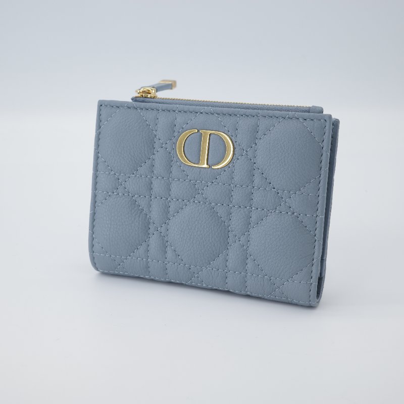🈶️紙袋購證紙盒｜Dior 迪奧 Caro Dahlia 藤格紋 霧霾藍 灰藍色 小牛皮 兩折短夾 兩折錢包-3
