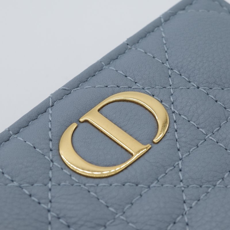 🈶️紙袋購證紙盒｜Dior 迪奧 Caro Dahlia 藤格紋 霧霾藍 灰藍色 小牛皮 兩折短夾 兩折錢包-7