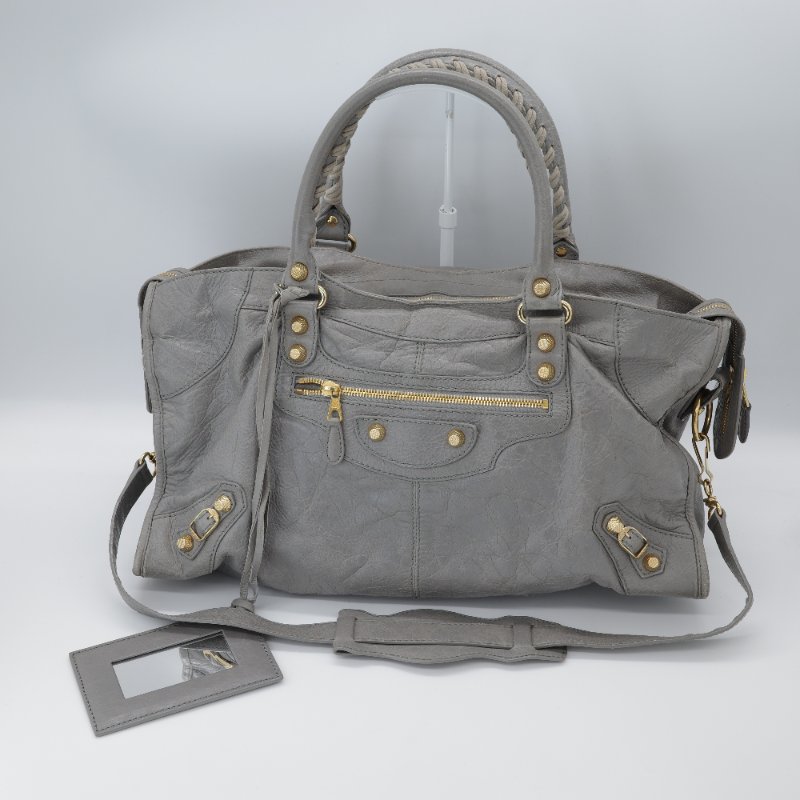 Balenciaga 巴黎世家 淺灰色 牛皮 Classic 經典 機車包 手提包 斜挎包 單肩包-0