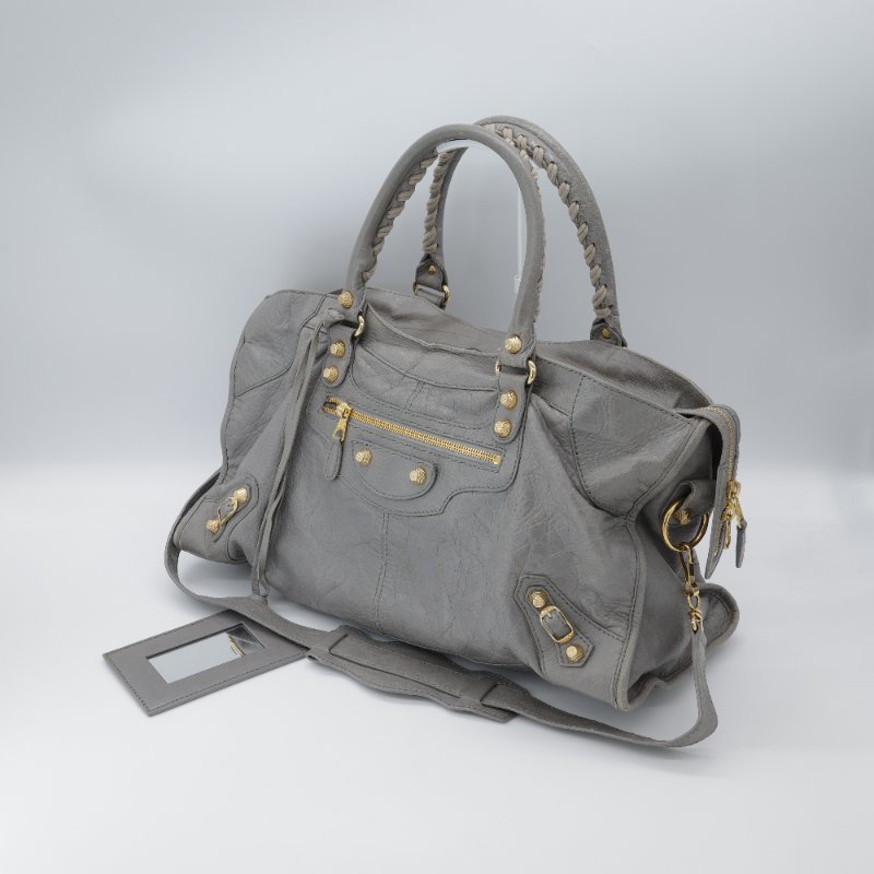 Balenciaga 巴黎世家 淺灰色 牛皮 Classic 經典 機車包 手提包 斜挎包 單肩包-2