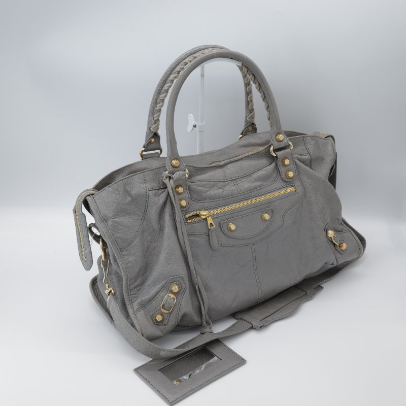 Balenciaga 巴黎世家 淺灰色 牛皮 Classic 經典 機車包 手提包 斜挎包 單肩包-3