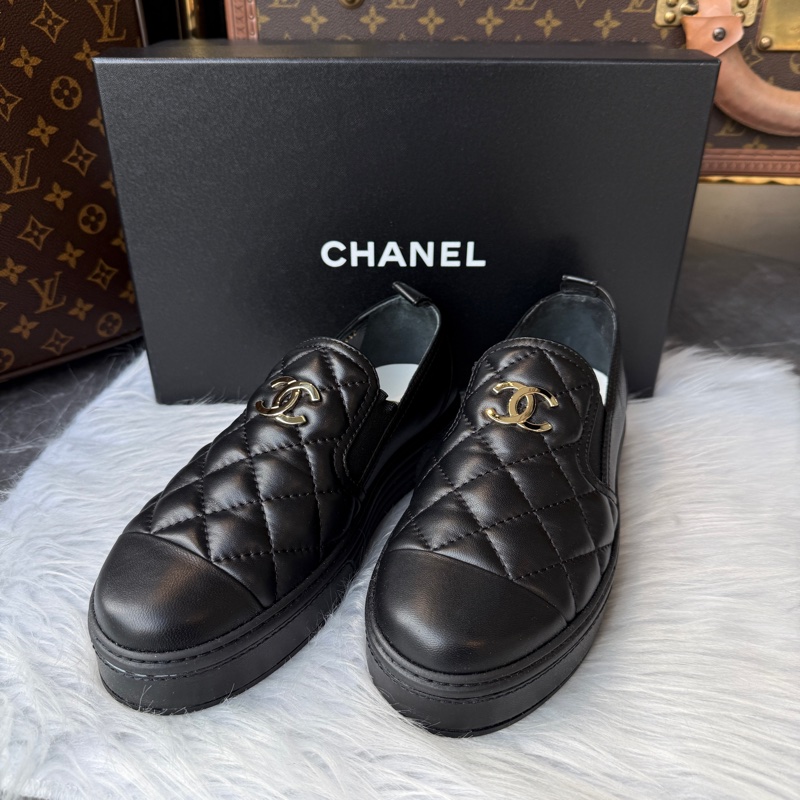 CHANEL菱格紋羊皮雙C厚底樂福鞋休閒鞋38.5號*黑色-0