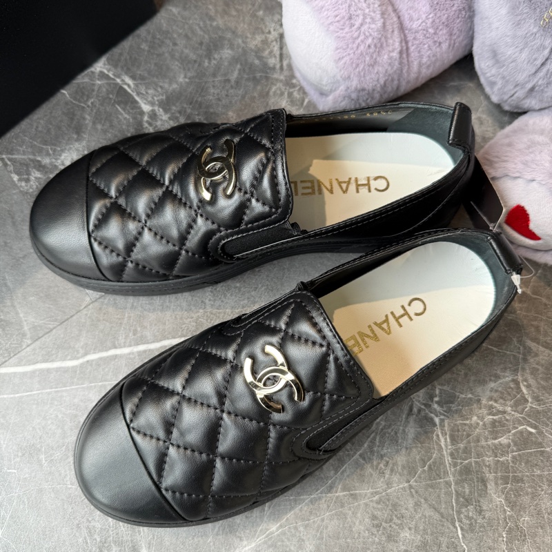 CHANEL菱格紋羊皮雙C厚底樂福鞋休閒鞋38.5號*黑色-1