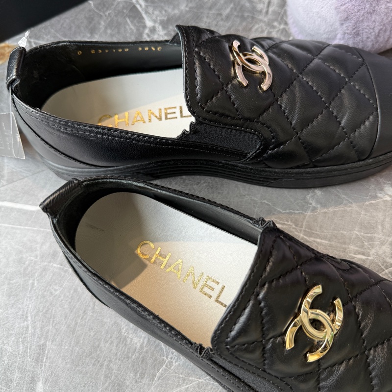 CHANEL菱格紋羊皮雙C厚底樂福鞋休閒鞋38.5號*黑色-2