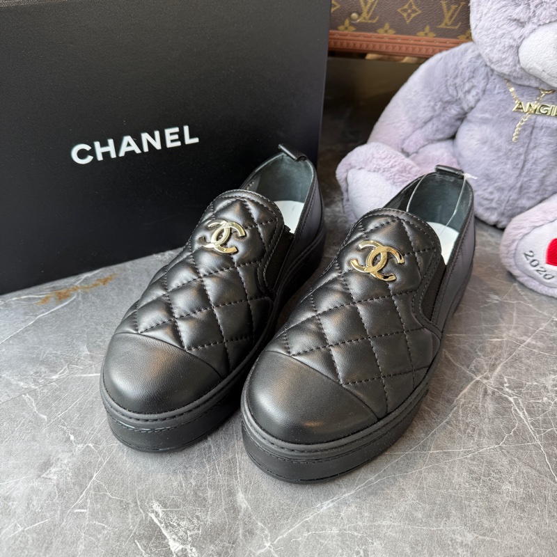 CHANEL菱格紋羊皮雙C厚底樂福鞋休閒鞋38.5號*黑色-4