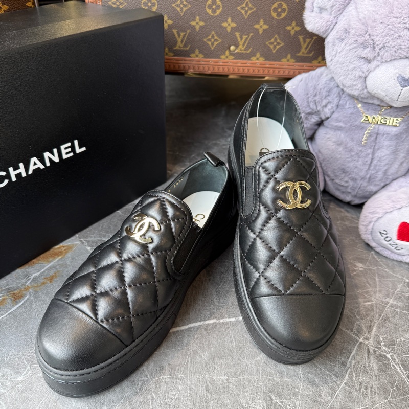 CHANEL菱格紋羊皮雙C厚底樂福鞋休閒鞋38.5號*黑色-5